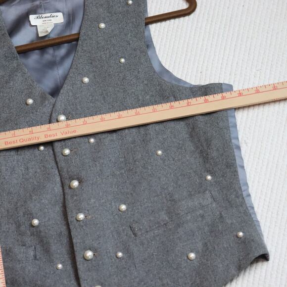 Vintage Blondies NY Gray Wool Vest w/ Faux Pearls OS Made in USA Lined - Picture 5 of 6